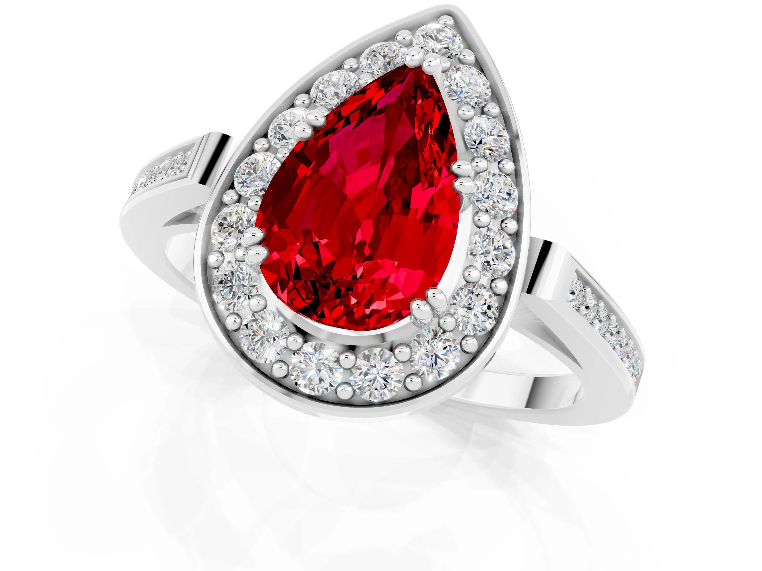 White gold Pear Cut Ruby Halo Ring with Split Shank and Four-Prong Setting_1