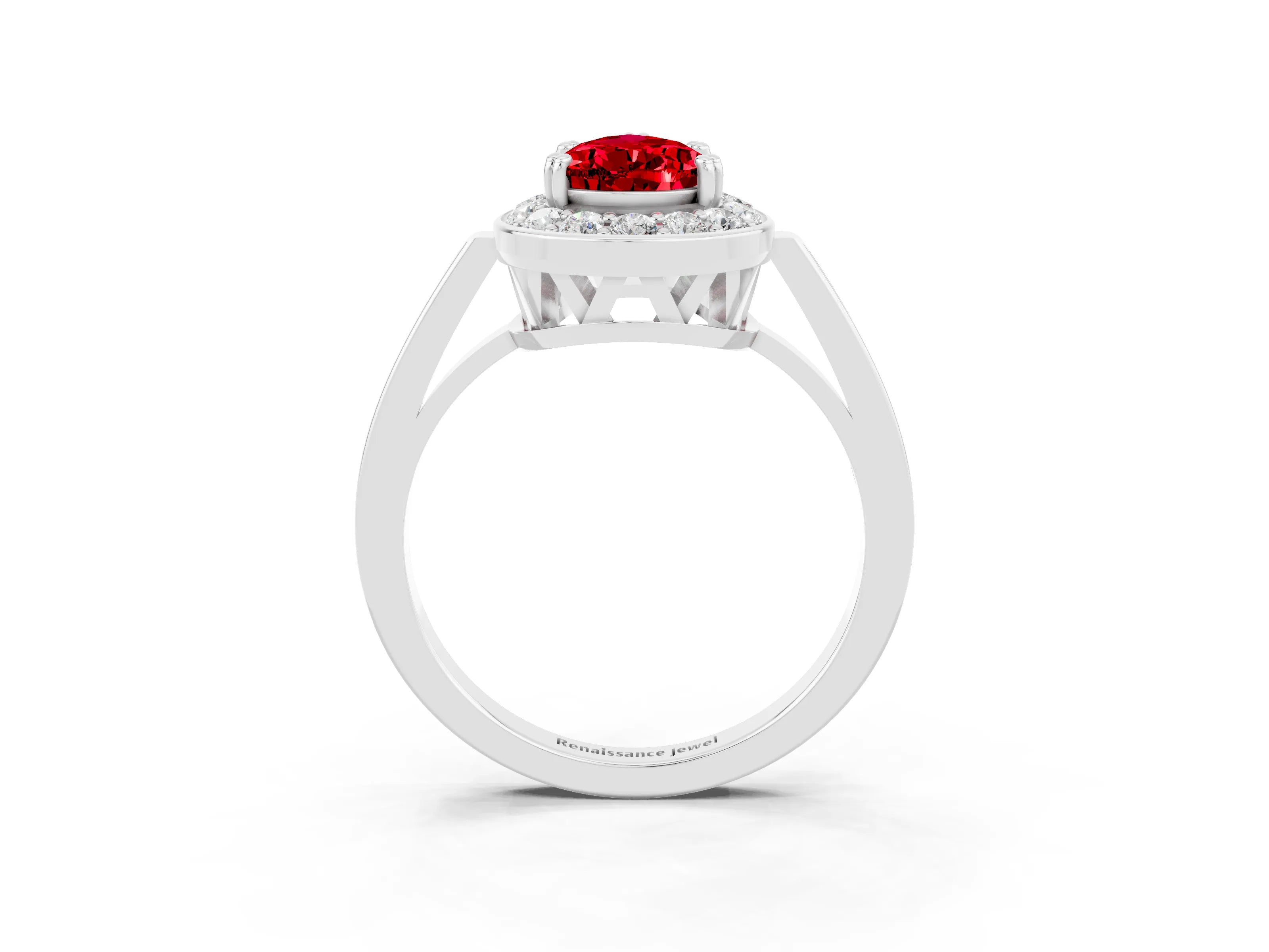 White gold Pear Cut Ruby Halo Ring with Split Shank and Four-Prong Setting_3
