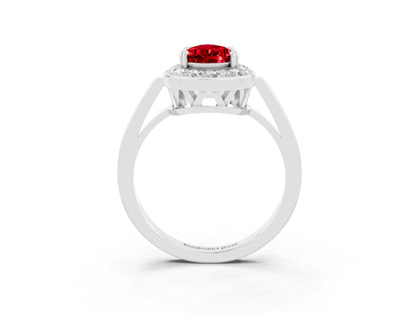 Platinum Pear Cut Ruby Halo Ring with Split Shank and Four-Prong Setting