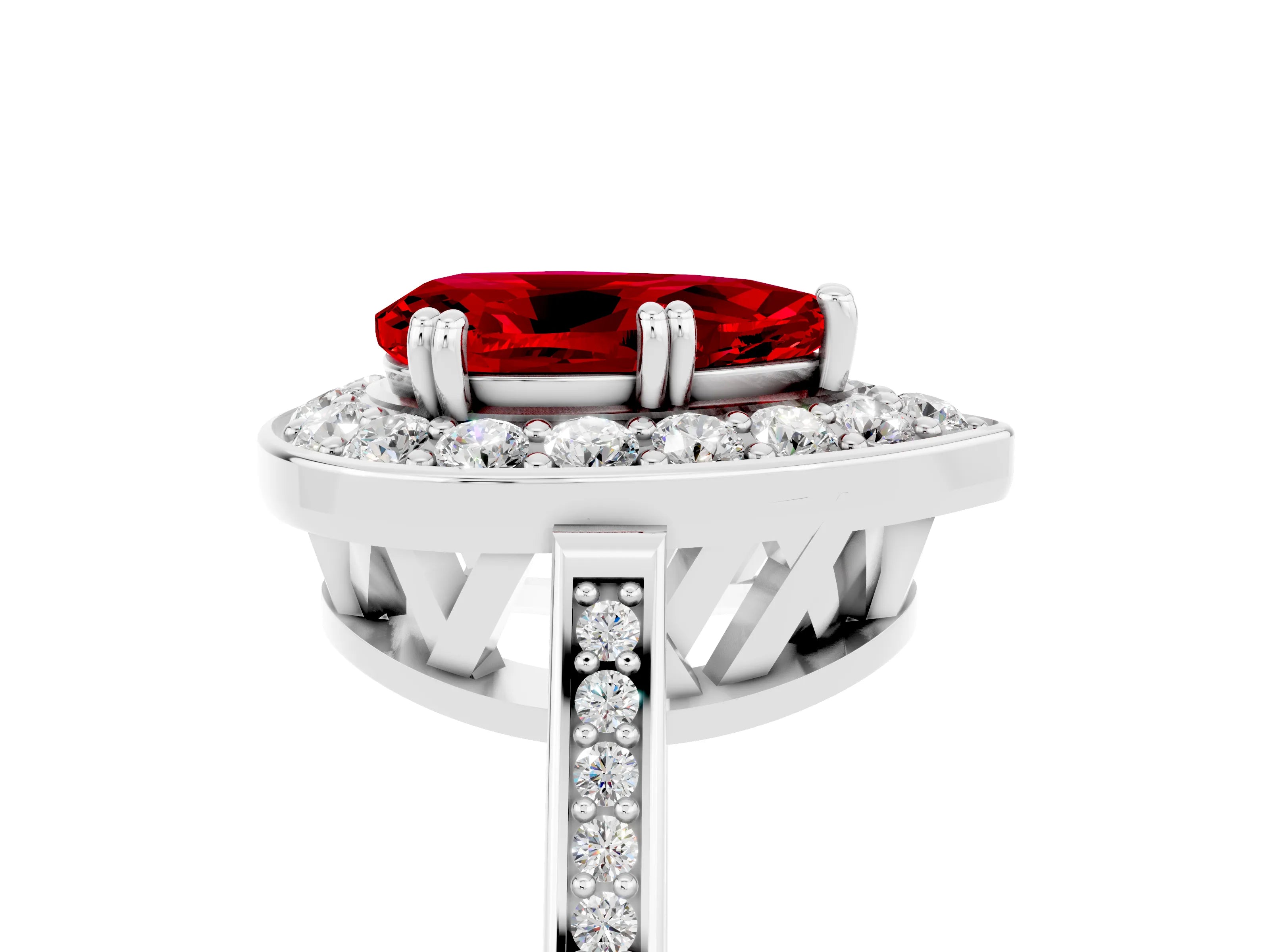 White gold Pear Cut Ruby Halo Ring with Split Shank and Four-Prong Setting_5