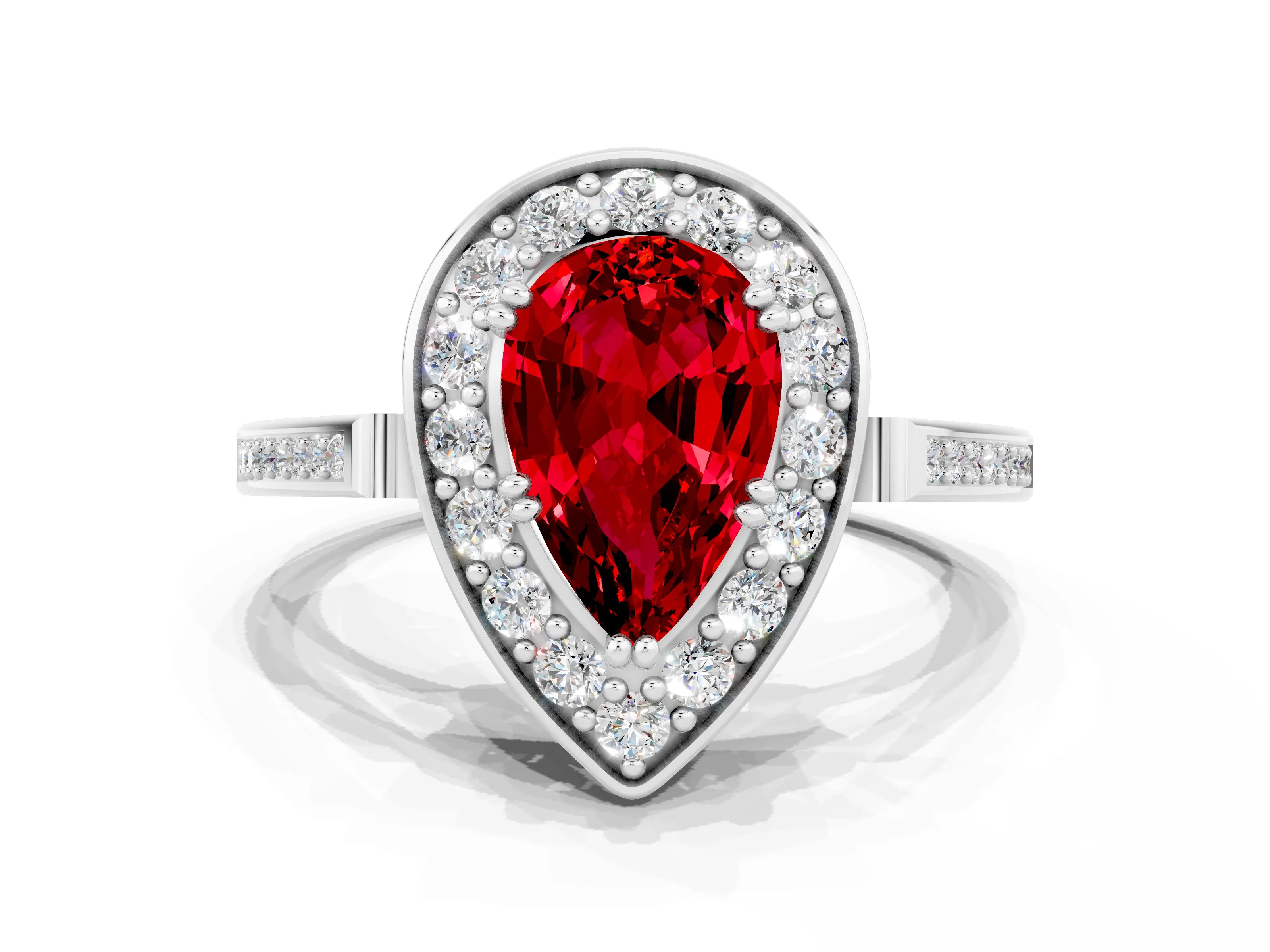 White gold Pear Cut Ruby Halo Ring with Split Shank and Four-Prong Setting