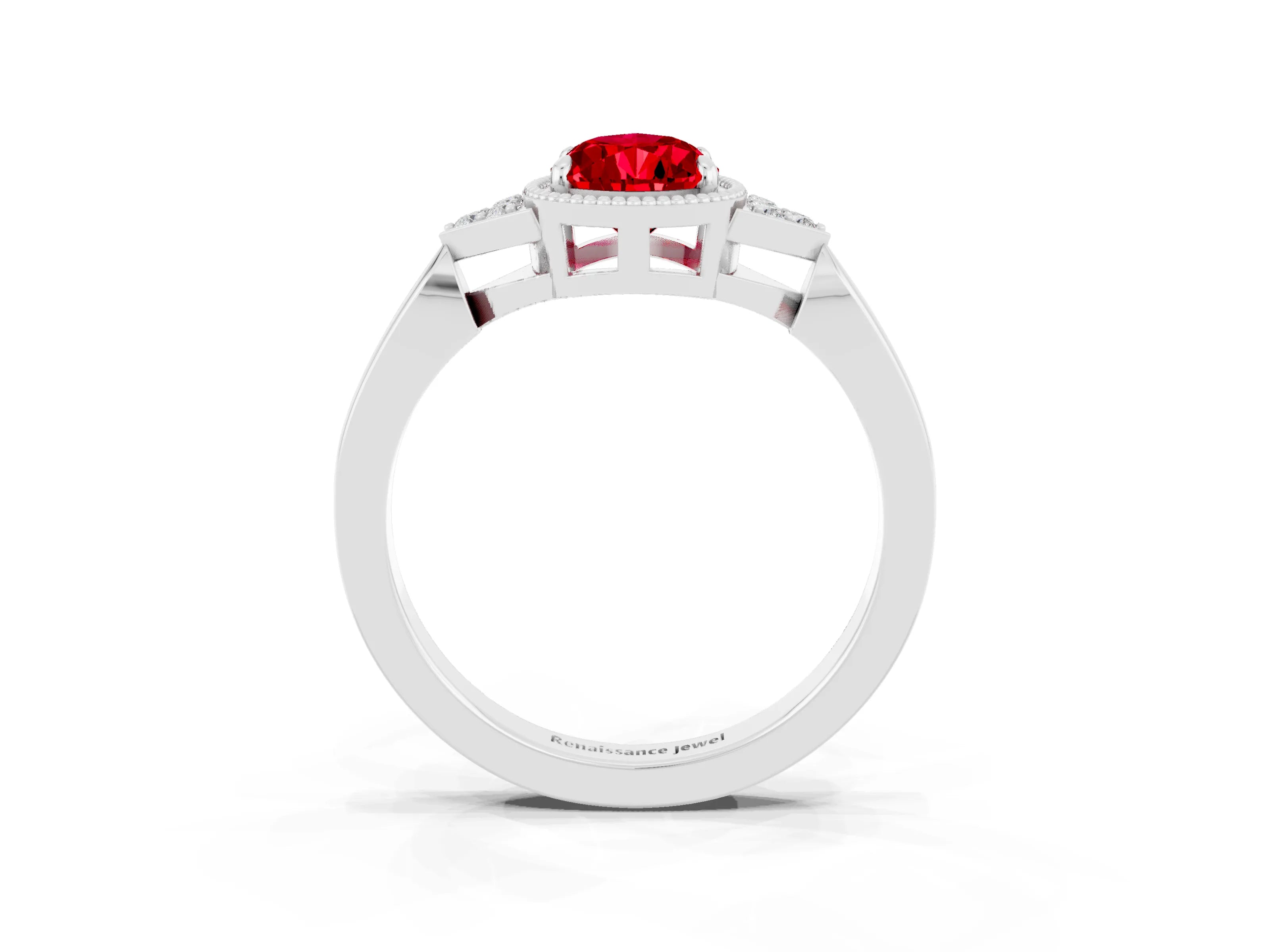 White gold Pear Cut Ruby Halo Ring with Tapered Band and Four-Prong Setting_3