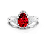 White gold Pear Cut Ruby Halo Ring with Tapered Band and Four-Prong Setting