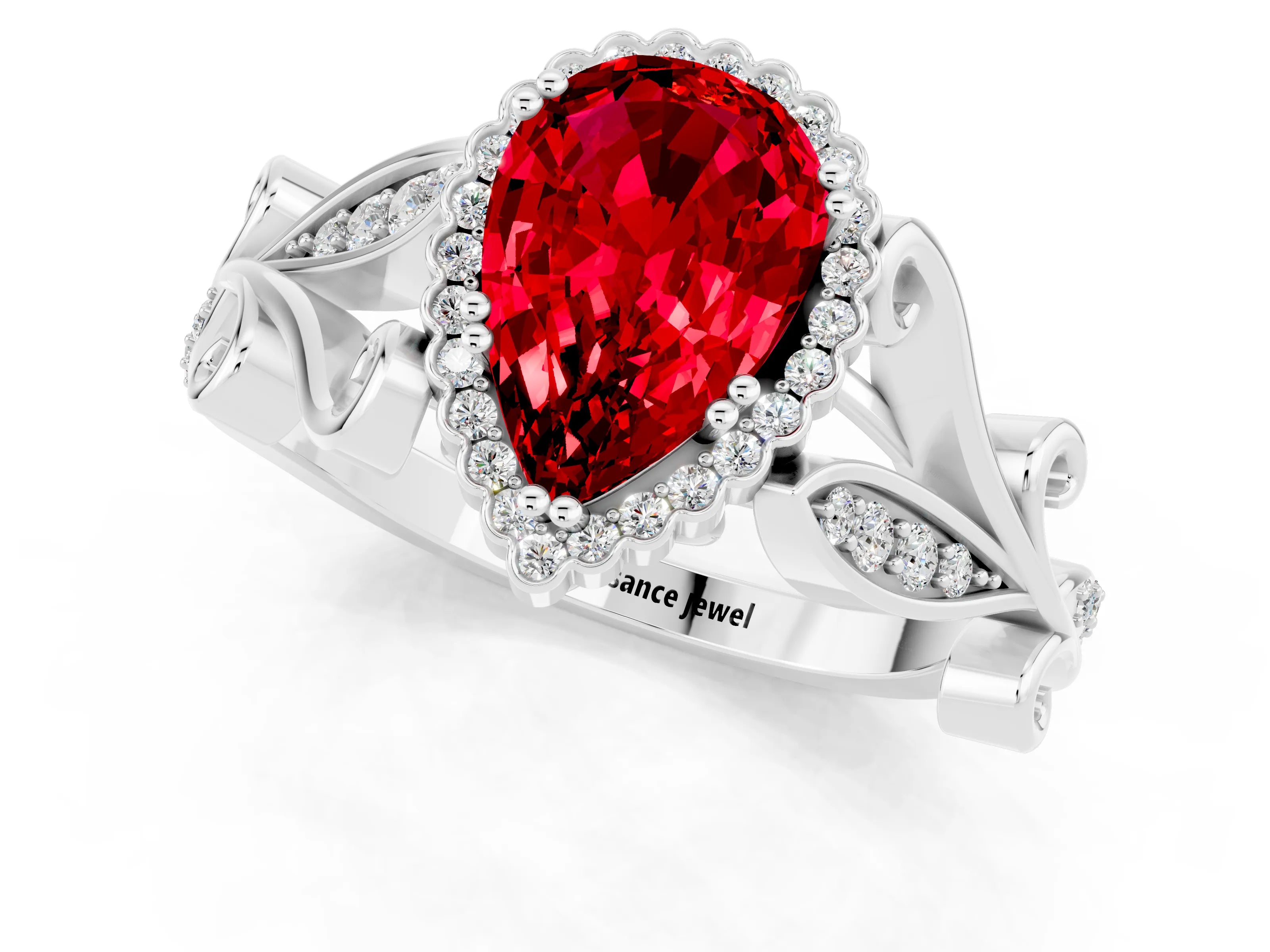 White gold Pear Cut Ruby Halo Ring with Vintage Split Shank and Four-Prong Setting_1