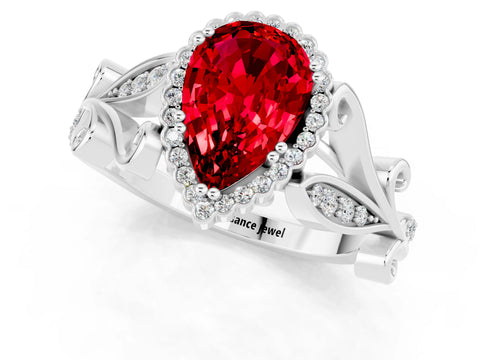 White gold Pear Cut Ruby Halo Ring with Vintage Split Shank and Four-Prong Setting_1