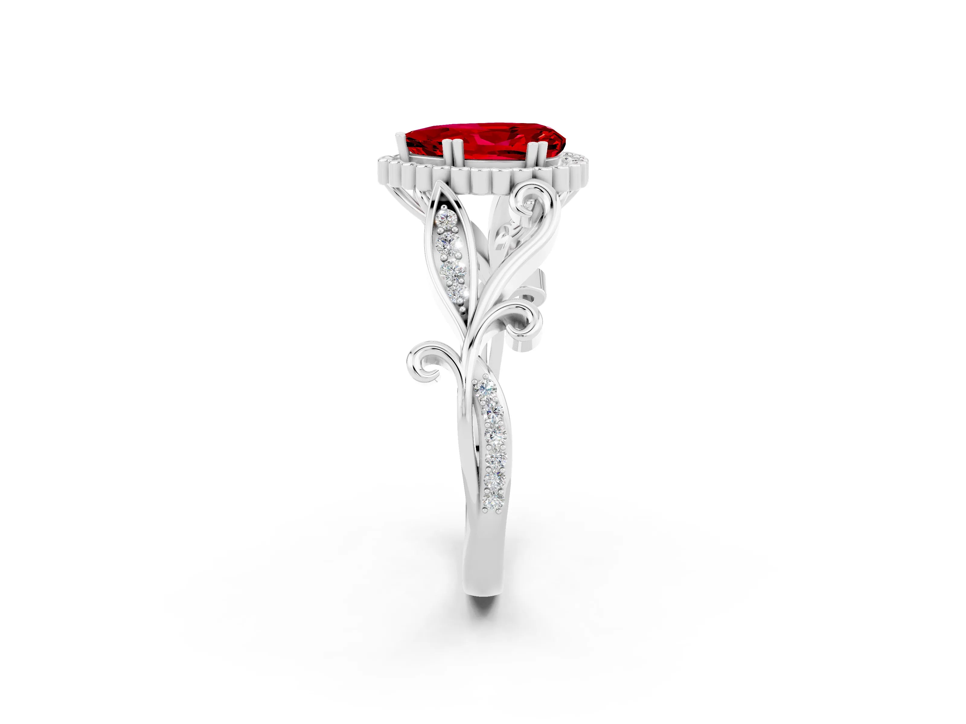 White gold Pear Cut Ruby Halo Ring with Vintage Split Shank and Four-Prong Setting_2