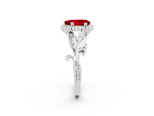 White gold Pear Cut Ruby Halo Ring with Vintage Split Shank and Four-Prong Setting