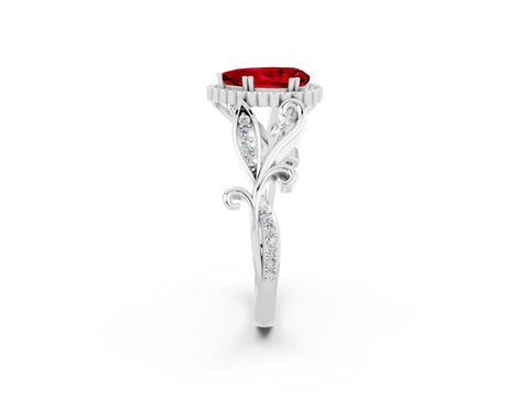 White gold Pear Cut Ruby Halo Ring with Vintage Split Shank and Four-Prong Setting_2