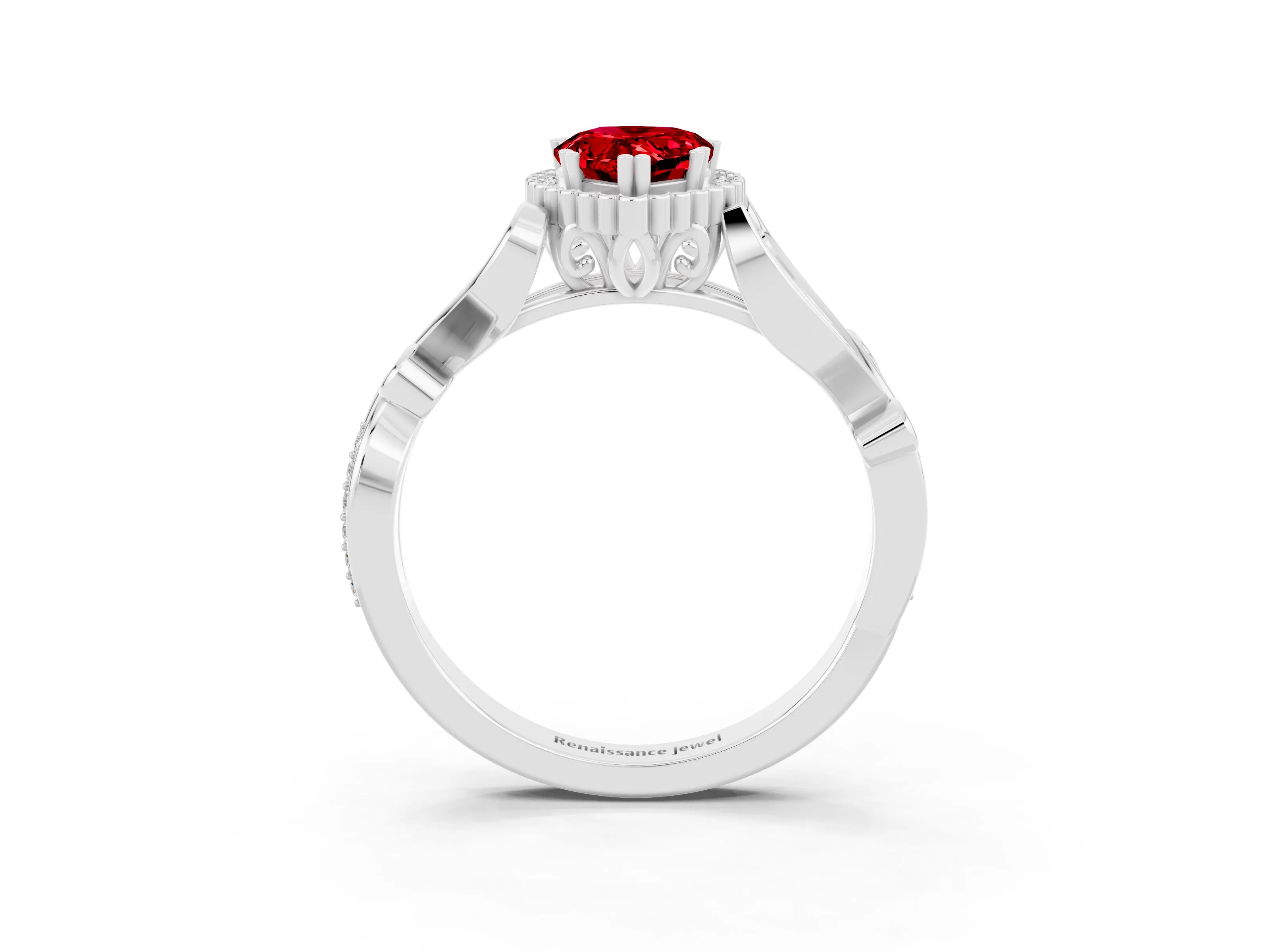 White gold Pear Cut Ruby Halo Ring with Vintage Split Shank and Four-Prong Setting_3