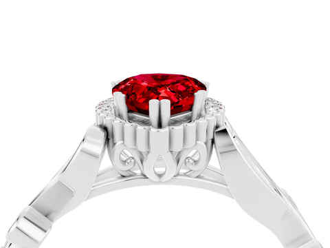 White gold Pear Cut Ruby Halo Ring with Vintage Split Shank and Four-Prong Setting_4