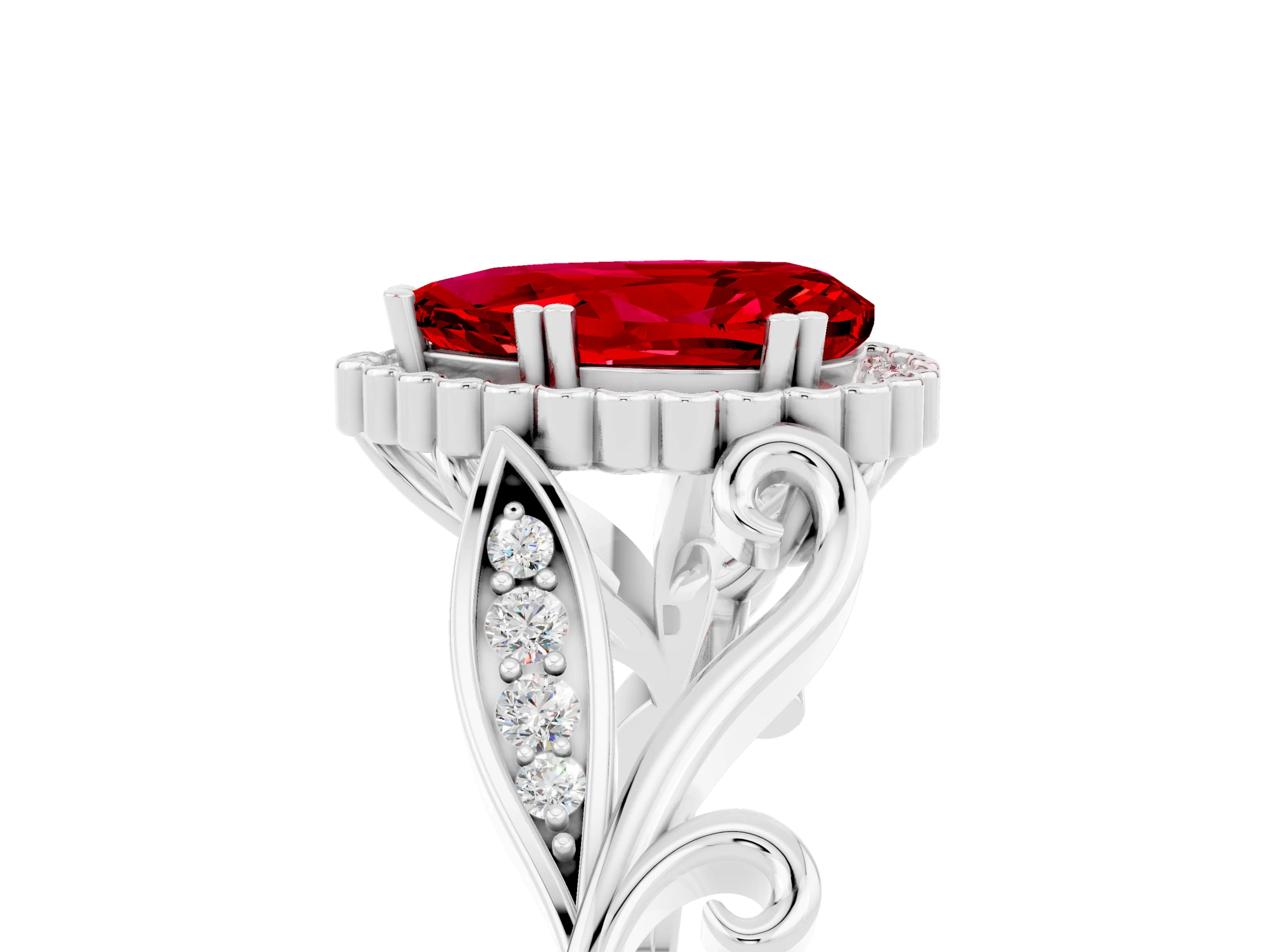 White gold Pear Cut Ruby Halo Ring with Vintage Split Shank and Four-Prong Setting_5