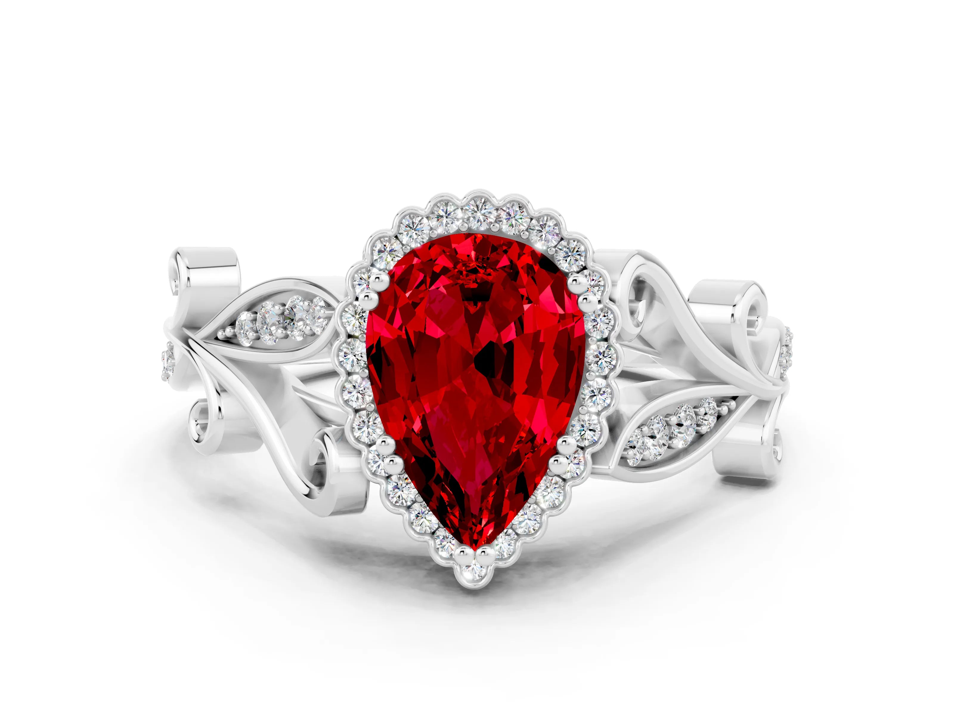White gold Pear Cut Ruby Halo Ring with Vintage Split Shank and Four-Prong Setting