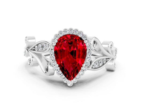 Silver Pear Cut Ruby Halo Ring with Vintage Split Shank and Four-Prong Setting