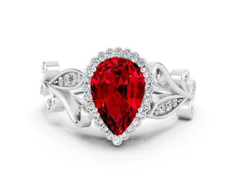 White gold Pear Cut Ruby Halo Ring with Vintage Split Shank and Four-Prong Setting