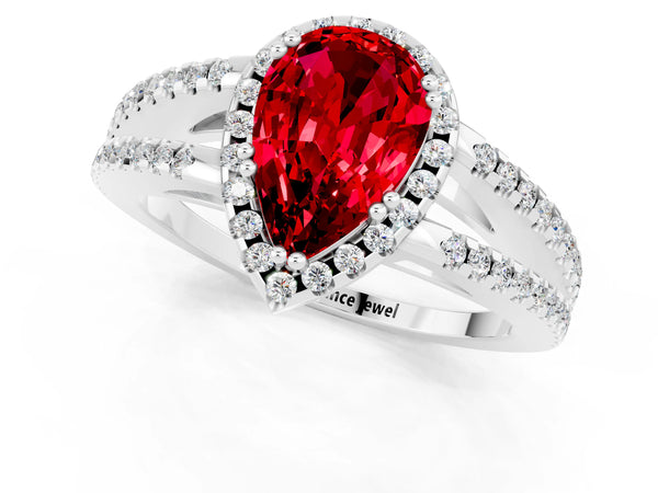 White gold Pear Cut Ruby Halo Split Shank Engagement Ring