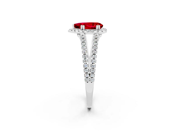 White gold Pear Cut Ruby Halo Split Shank Engagement Ring