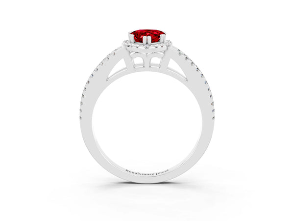 Silver Pear Cut Ruby Halo Split Shank Engagement Ring