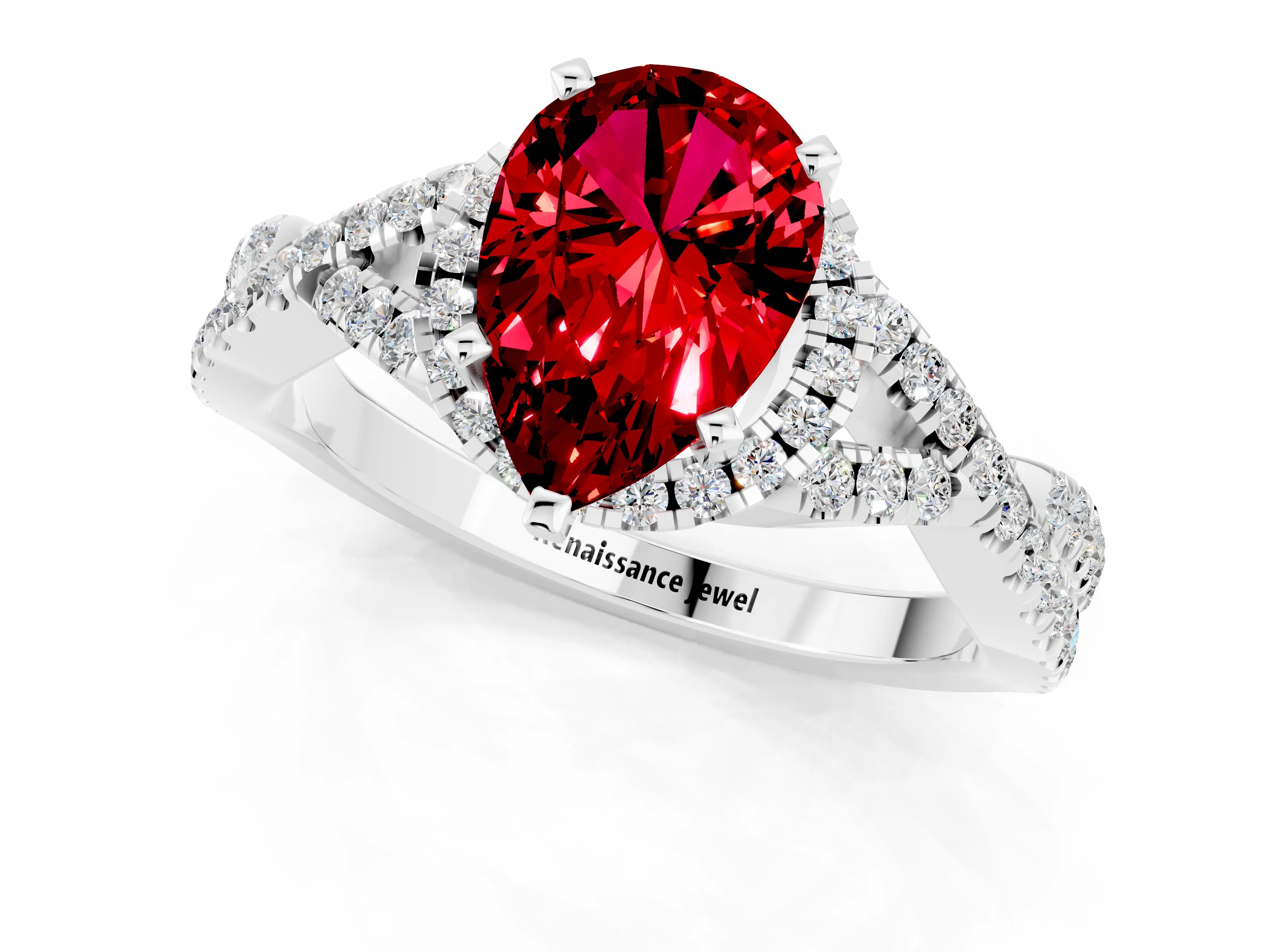 White gold Pear Cut Ruby Halo Twist Band Solitaire Prong Setting Ring_1