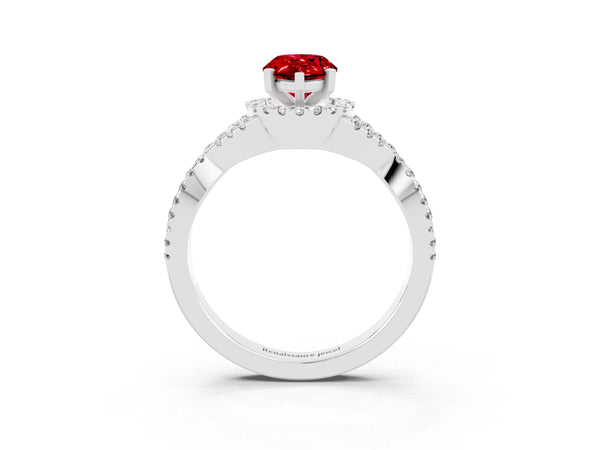 White gold Pear Cut Ruby  Halo Twist Band Solitaire Prong Setting Ring