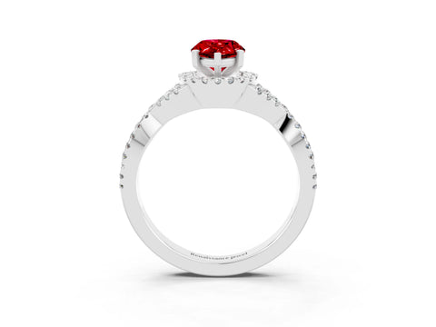 White gold Pear Cut Ruby Halo Twist Band Solitaire Prong Setting Ring_3