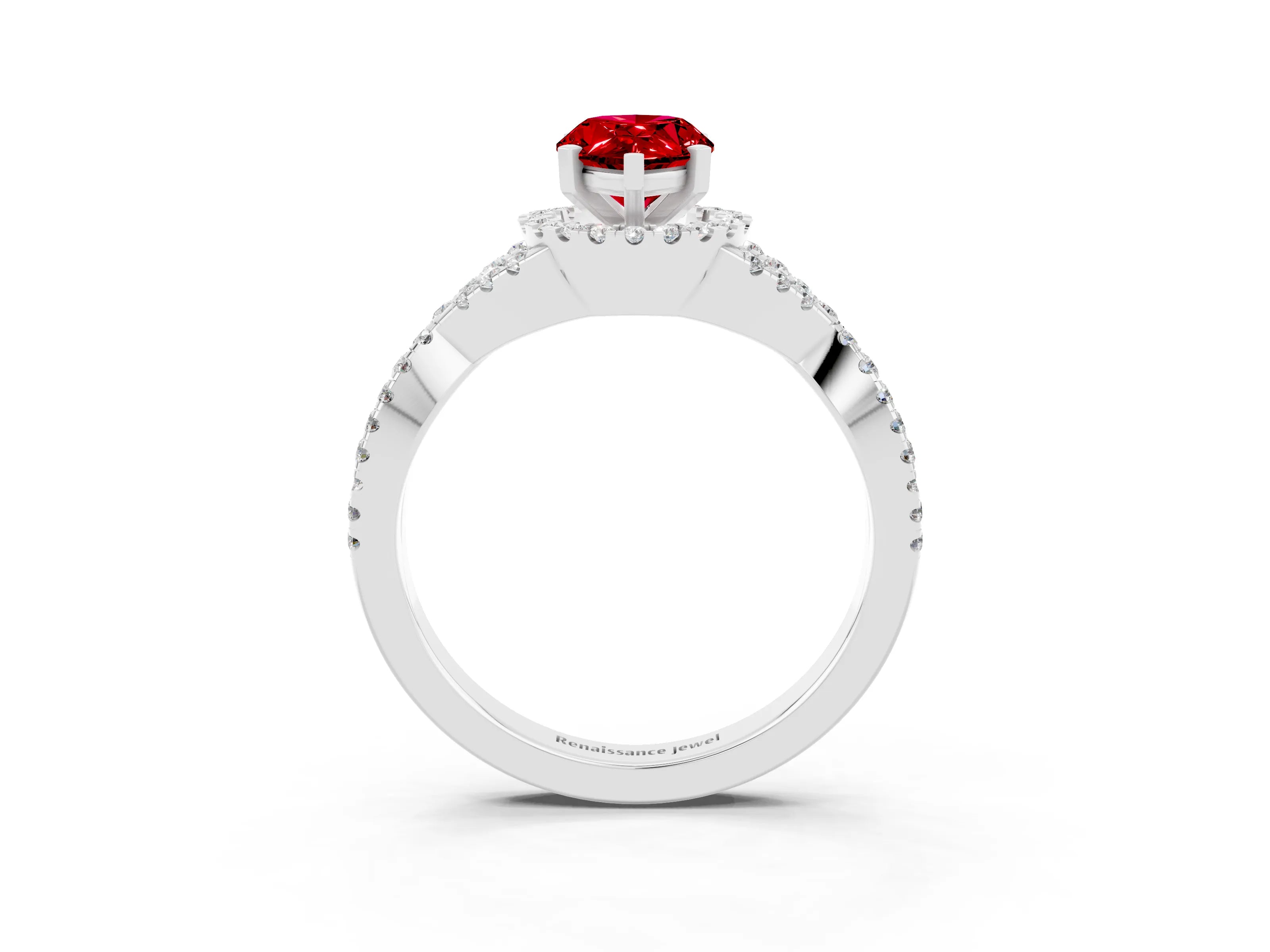 White gold Pear Cut Ruby Halo Twist Band Solitaire Prong Setting Ring_3