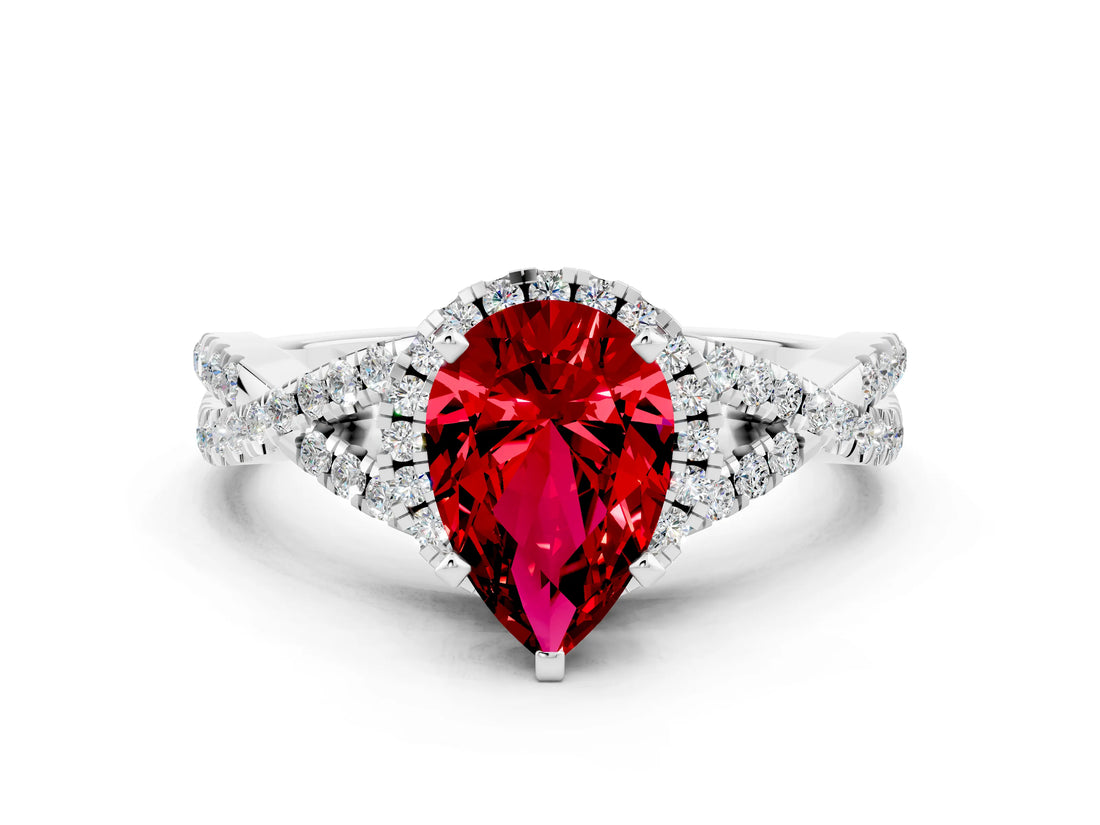 White gold Pear Cut Ruby Halo Twist Band Solitaire Prong Setting Ring