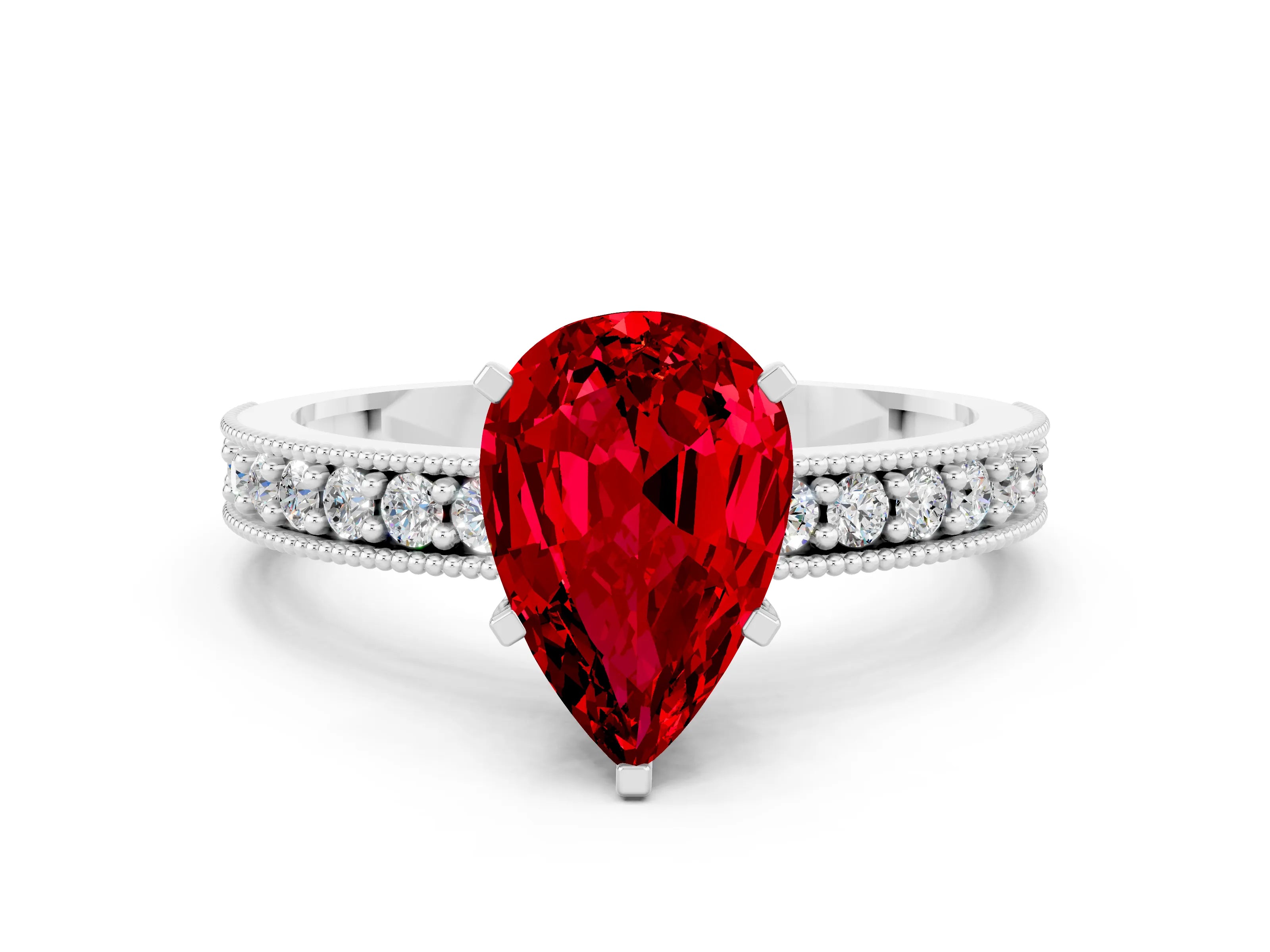 White gold Pear Cut Ruby Milgrain Pavé Engagement Ring with Four-Prong Setting