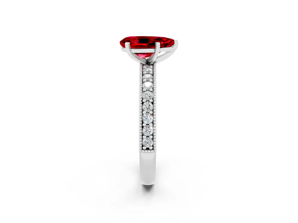 Platinum Pear Cut Ruby Milgrain Pavé Engagement Ring with Four-Prong Setting