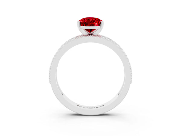 Platinum Pear Cut Ruby Milgrain Pavé Engagement Ring with Four-Prong Setting