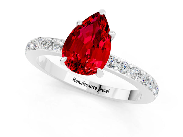 Silver Pear Cut Ruby Pavé Engagement Ring with Round  Accents and Prong Setting