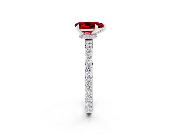 Platinum Pear Cut Ruby Pavé Engagement Ring with Round  Accents and Prong Setting