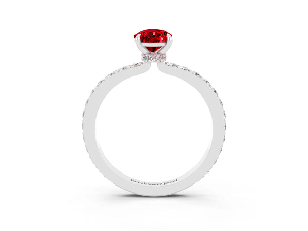 White gold Pear Cut Ruby Pavé Engagement Ring with Round  Accents and Prong Setting