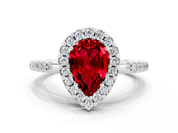 Platinum Pear Cut Ruby Pavé Halo Ring with Four-Prong Setting