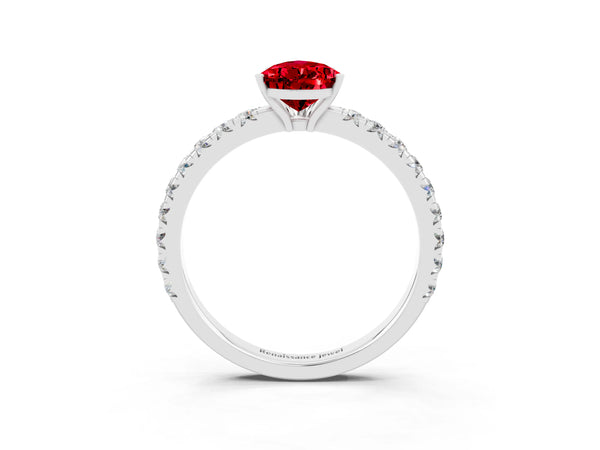 Platinum Pear Cut Ruby Pavé Solitaire Engagement Ring with Four-Prong Setting