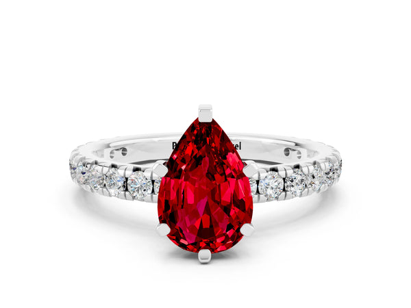 Platinum Pear Cut Ruby Pavé Solitaire Ring with Round Band and Prong Setting