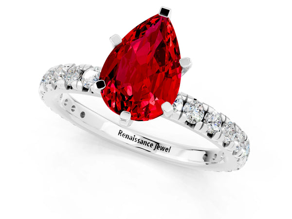 Silver Pear Cut Ruby Pavé Solitaire Ring with Round Band and Prong Setting