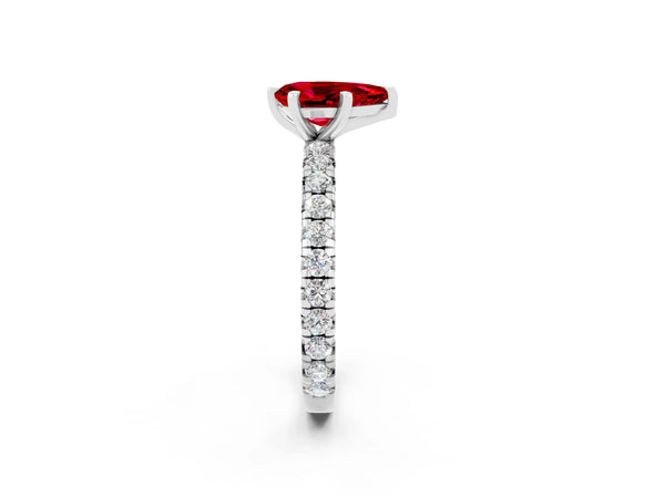 Platinum Pear Cut Ruby Pavé Solitaire Ring with Round Band and Prong Setting