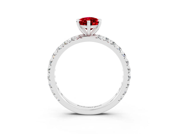 Silver Pear Cut Ruby Pavé Solitaire Ring with Round Band and Prong Setting