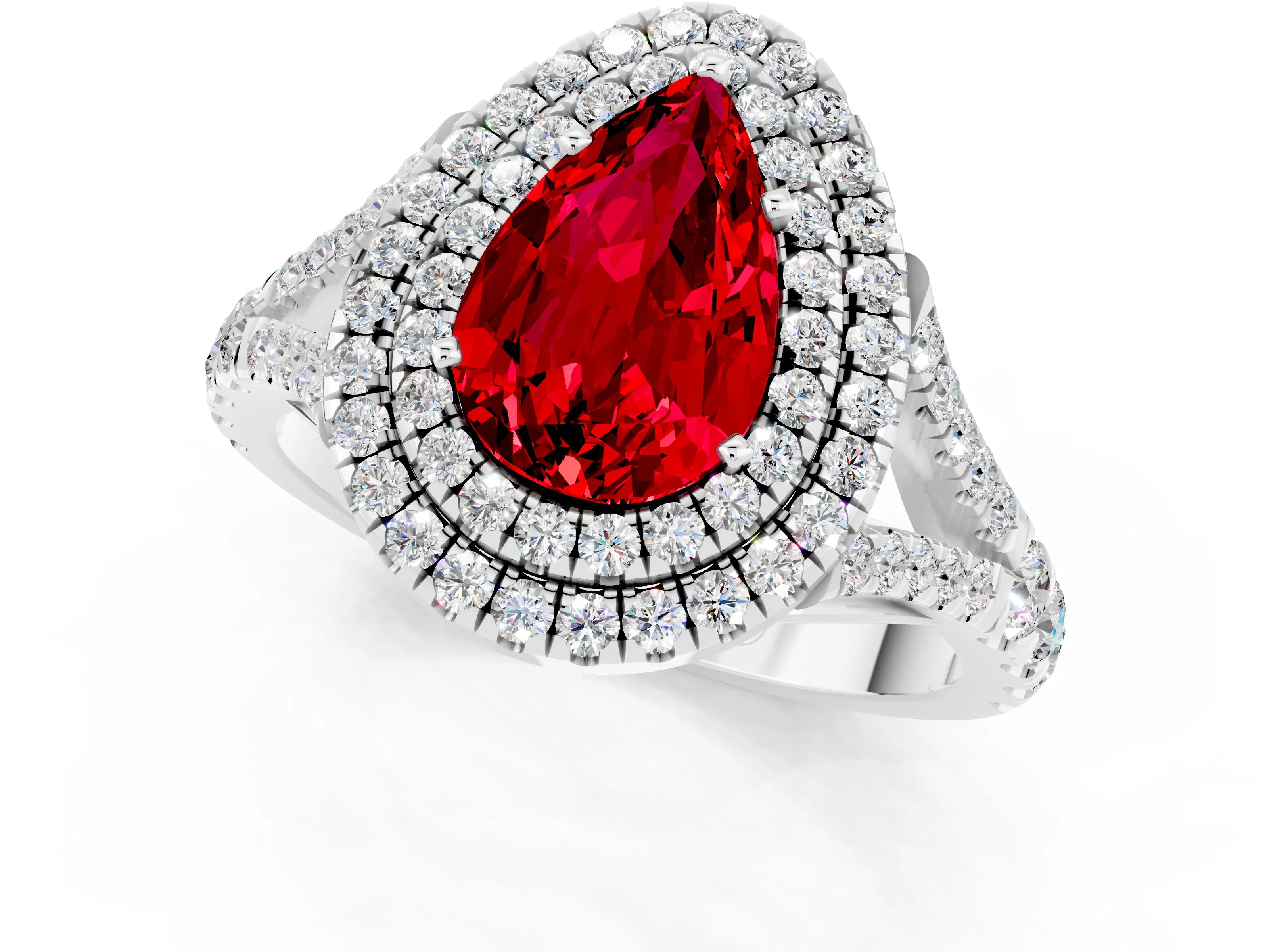 White gold Pear Cut Ruby Pavé Split Shank Double Halo Engagement Ring_1