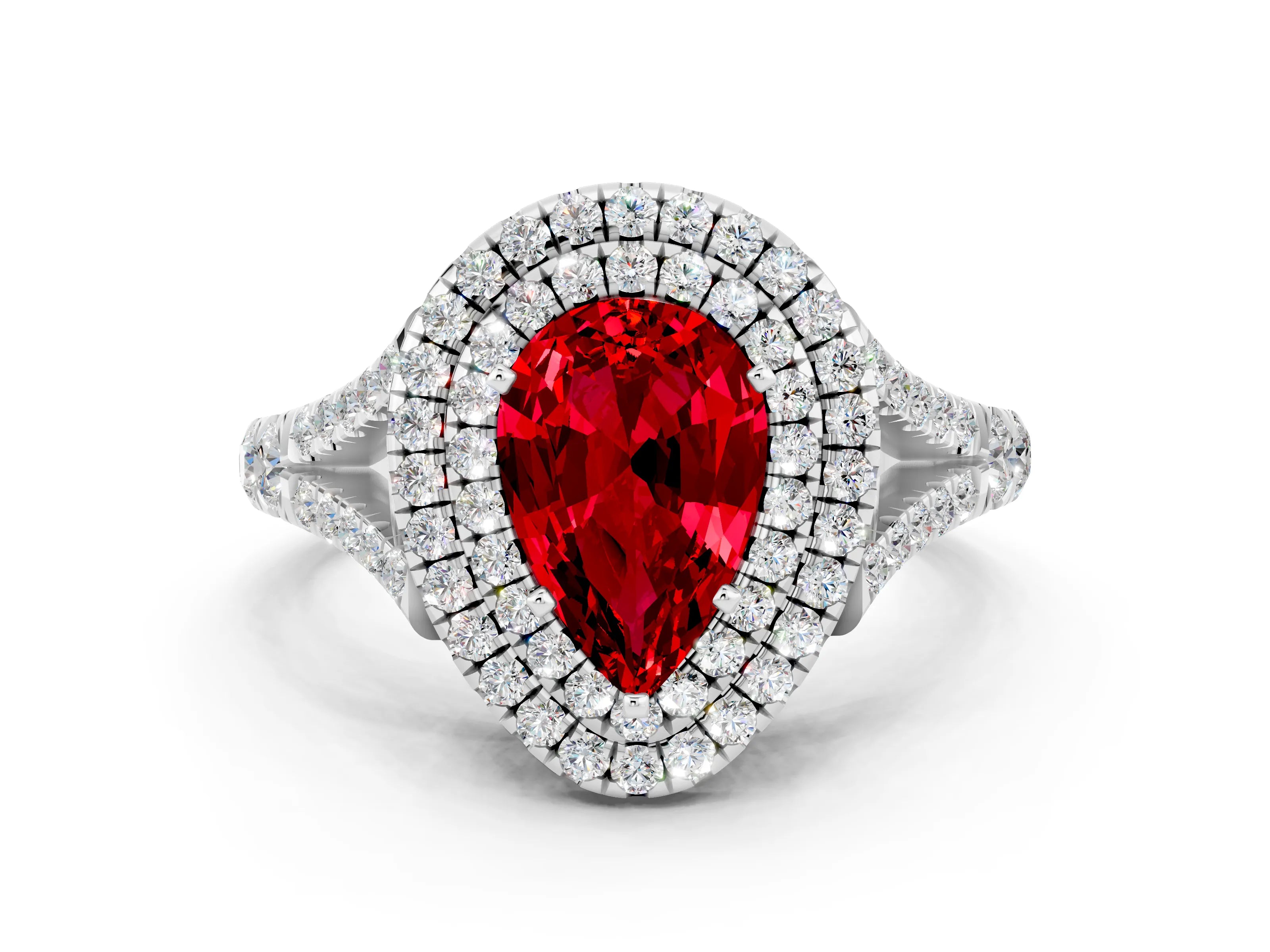 White gold Pear Cut Ruby Pavé Split Shank Double Halo Engagement Ring_6