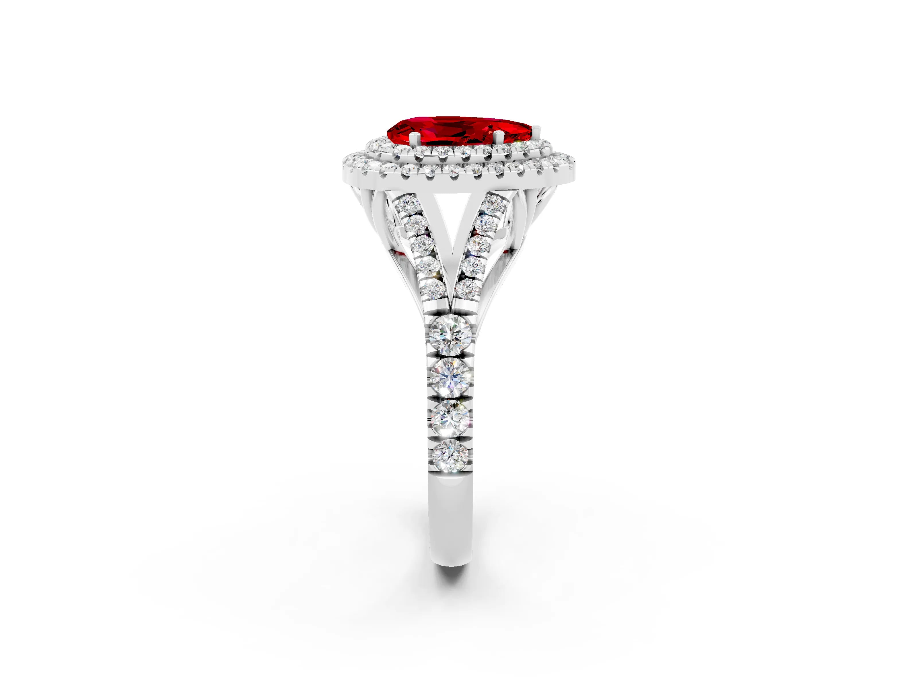 White gold Pear Cut Ruby Pavé Split Shank Double Halo Engagement Ring_8