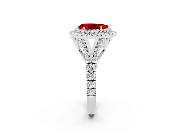 Silver Pear Cut Ruby Pavé Split Shank Double Halo Engagement Ring