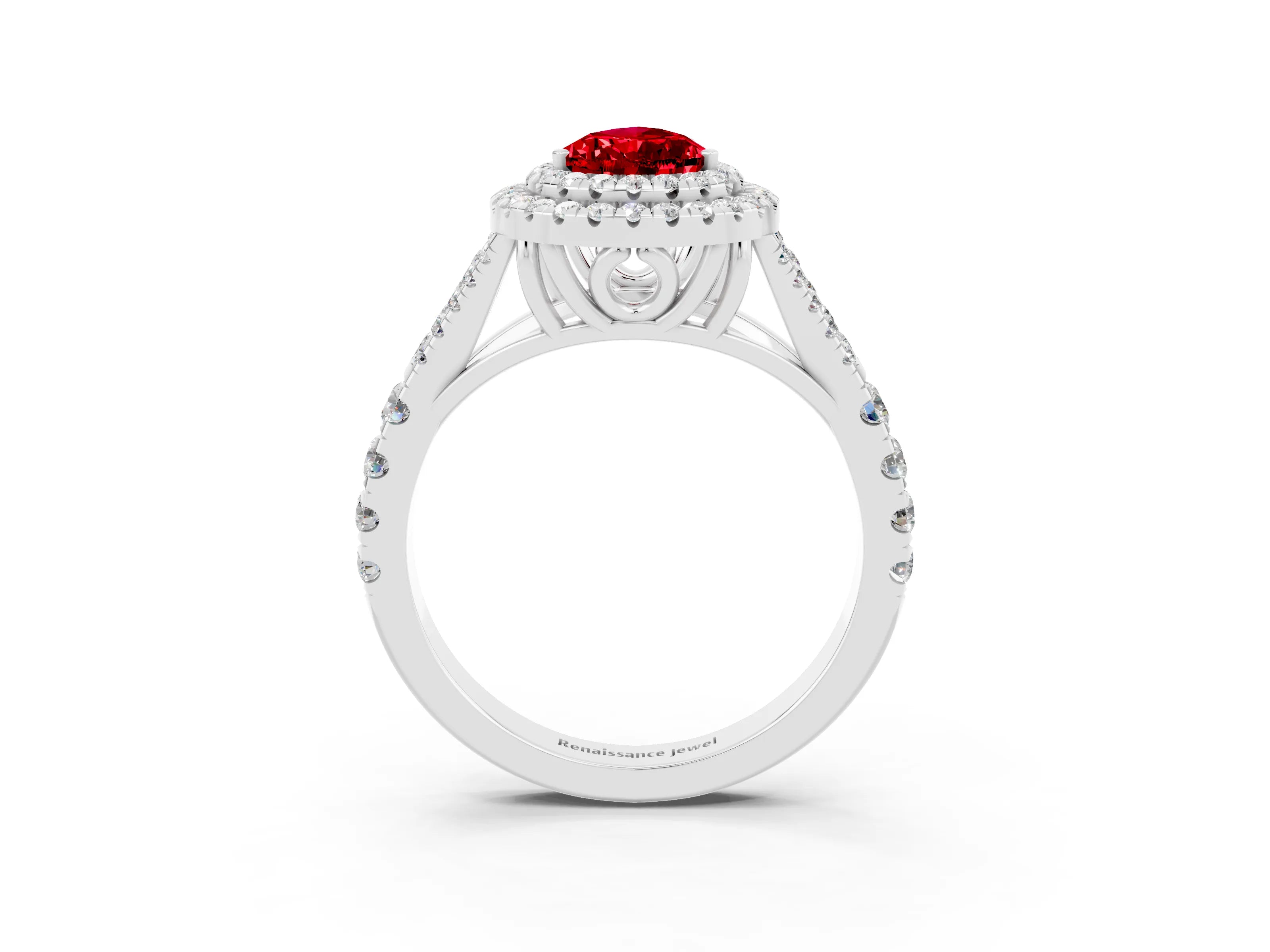 White gold Pear Cut Ruby Pavé Split Shank Double Halo Engagement Ring_9