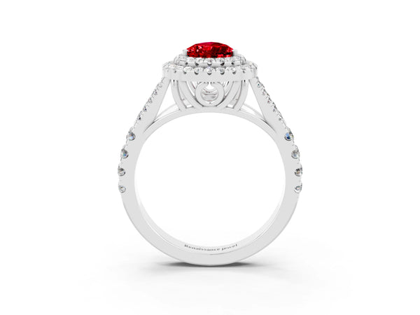 White gold Pear Cut Ruby Pavé Split Shank Double Halo Engagement Ring