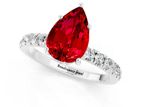 White gold Pear Cut Ruby Pave Band Solitaire Ring with Four-Prong Setting_25