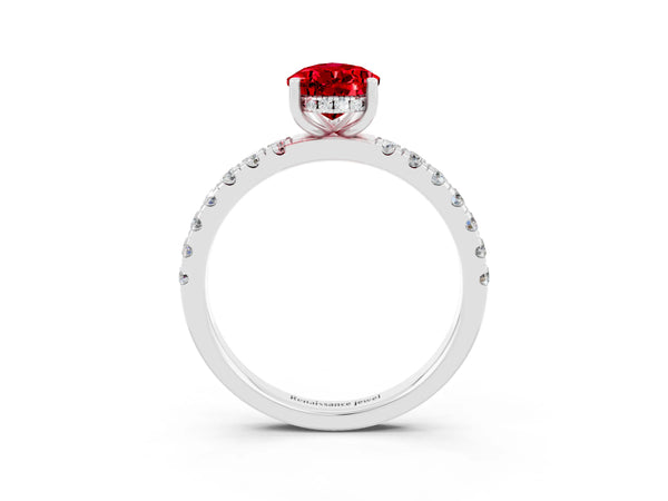 White gold Pear Cut Ruby Pave Band Solitaire Ring with Round  and Prong Setting