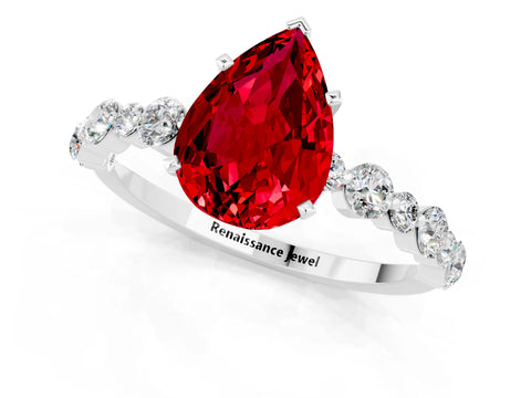 White gold Pear Cut Ruby Prong Set Engagement Ring with Pavé Band_1