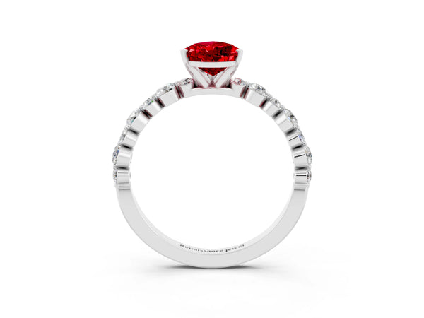Silver Pear Cut Ruby Prong Set Engagement Ring with Pavé Band