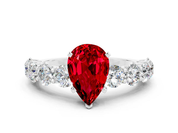 Platinum Pear Cut Ruby Prong Setting with Side Stones on a Pave Band