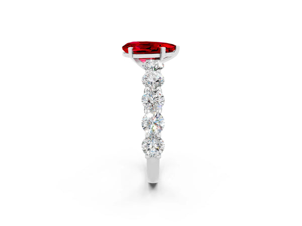 Platinum Pear Cut Ruby Prong Setting with Side Stones on a Pave Band